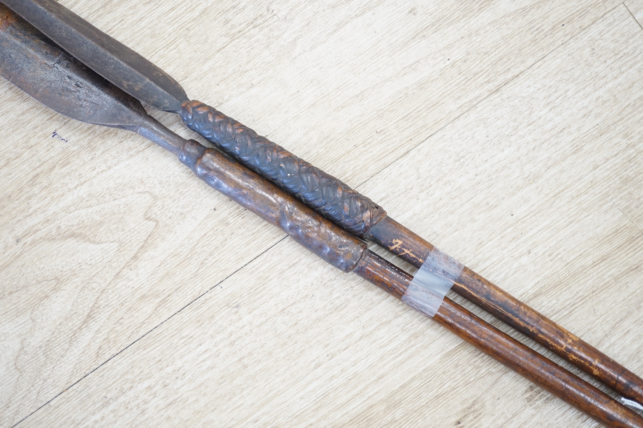 Two African throwing spears, longest spear 132cm
